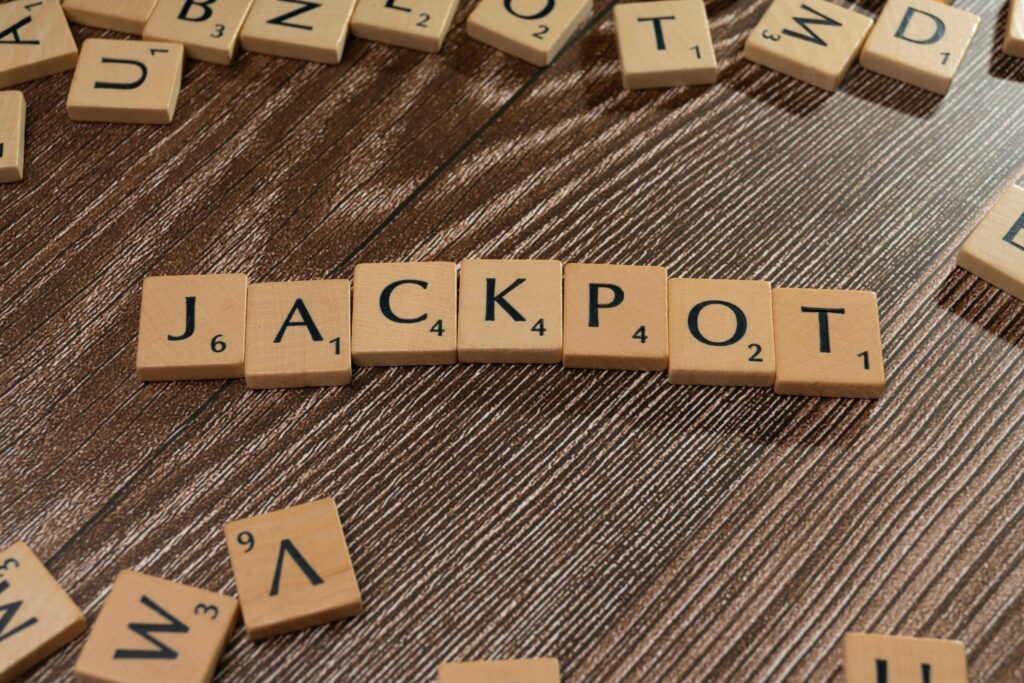 Jackpot” spelled in tiles